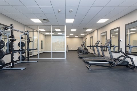 A spacious gym with a variety of equipment including treadmills, weightlifting machines, and a squat rack.