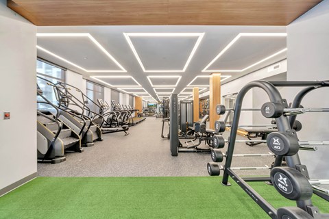 A gym with a variety of equipment including treadmills, weights, and exercise machines.