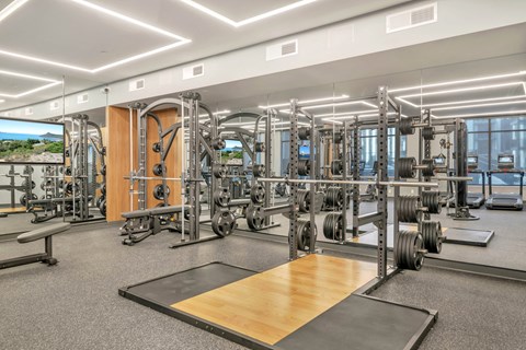 A well-equipped gym with various exercise machines and weights.