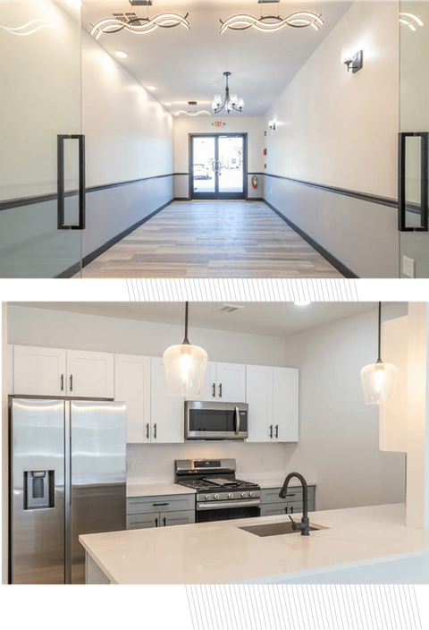 A modern kitchen with a refrigerator, microwave, and stove top oven.