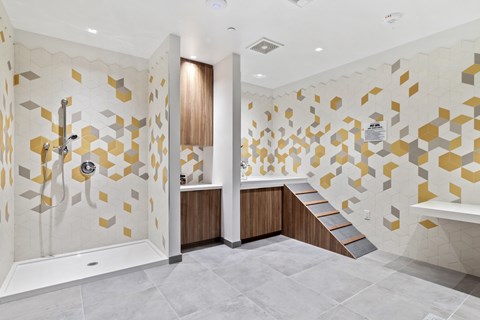 a bathroom with a shower and geometric tiles on the wall