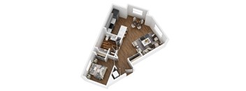 A top-down view of a house interior with a living room, dining room, kitchen, and two bedrooms.
