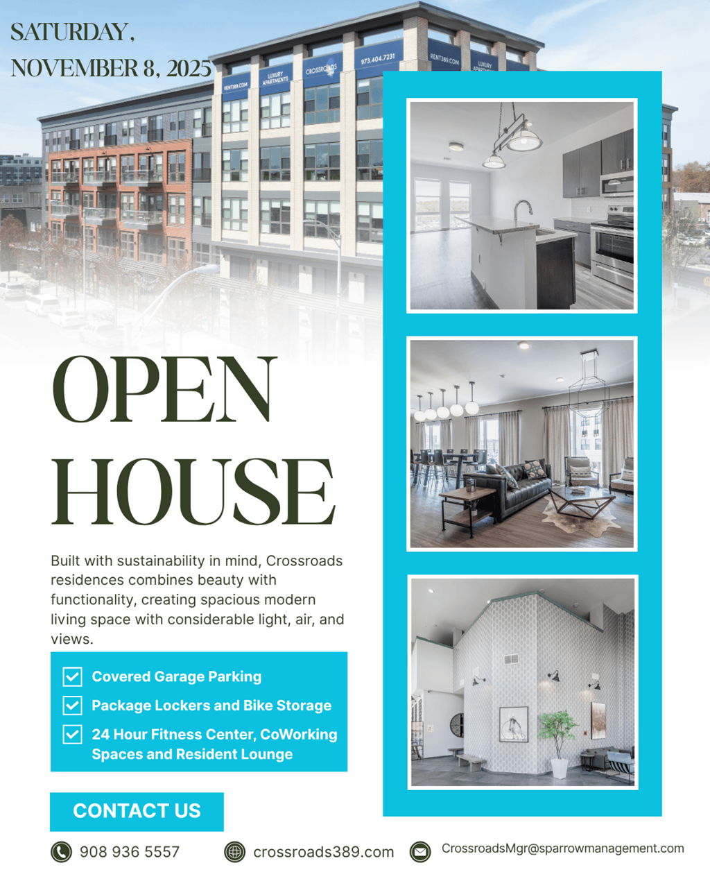 A flyer advertises an open house for Crossroads residences on Saturday, November 8, 2023.