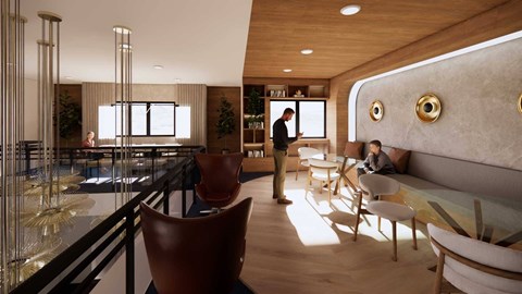 A modern interior with a person standing in the middle.