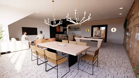 A dining room with a table and chairs and a chandelier.