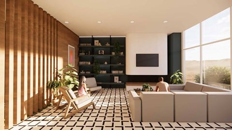 A modern living room with a wooden wall and a black and white checkered floor.