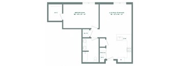 A floor plan of a small apartment with a bedroom, living/dining area, and a kitchen.