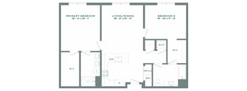 A floor plan of a home with a primary bedroom, living/dining area, and two additional bedrooms.