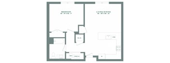 A floor plan of a bedroom and living/dining area with dimensions.