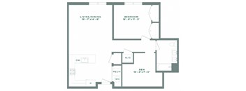 A floor plan of a home with a living/dining area, bedroom, den, and bathroom.