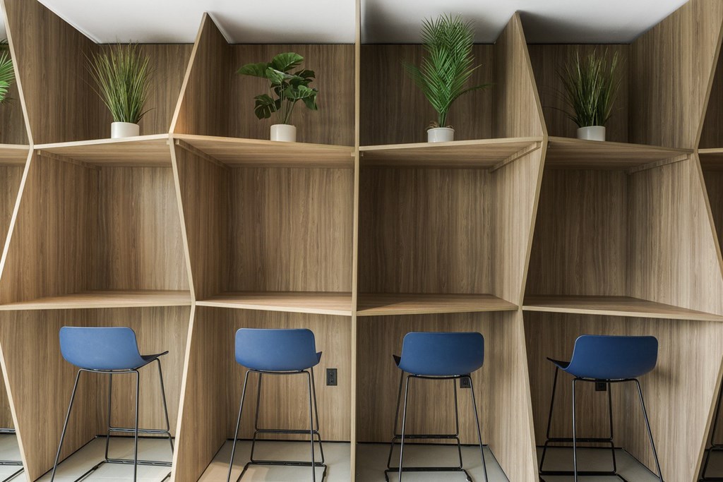 A set of four blue chairs are placed in front of a shelf with plants on it.