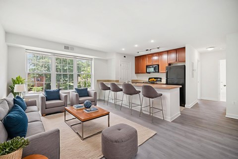 A living room with a grey sofa and a coffee table.