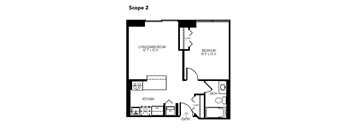 a floor plan of a studio apartment with a bedroom and a living room