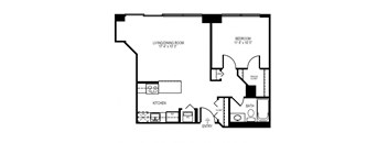a floor plan of a studio apartment with a bedroom and a living room