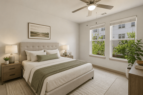 A bedroom with a large bed, a ceiling fan, and a window with a view of a building and trees outside.