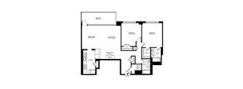 A black and white floor plan of a house with a balcony, two bedrooms, a living room, a dining room, a kitchen, a home office, and two bathrooms.