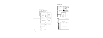 A black and white floor plan of a two level home with a garage.