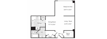 A floor plan of a house with a sleep/live area, kitchen, dining room, living room, bath, foyer, and closet.