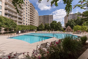 Olympic-Sized Pool with Swimming Lanes, Free Swim Area, and Expansive Sundeck with Chaise Lounge Chairs Modern Apartment Rentals in Crystal City Arlington VA - Photo Gallery 6