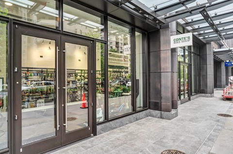 a store front of a building with glass doors