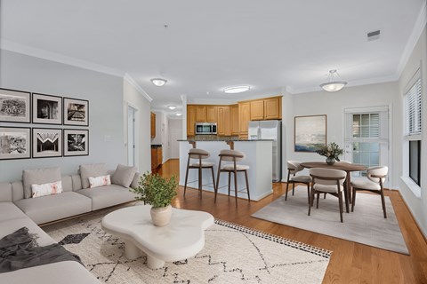 A modern living room with a grey sofa, a coffee table, and a dining table set up.