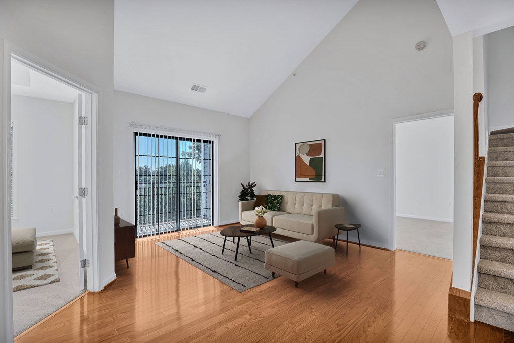 A living room with a couch, chair, and rug.