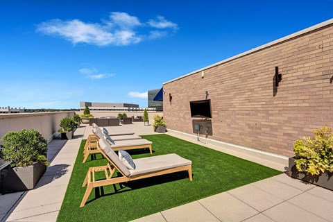 A sunny day at the rooftop garden with lounge chairs and greenery.