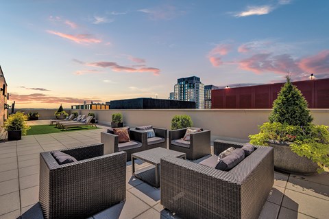 A patio with a couch, chairs and a table with a tree in a planter.