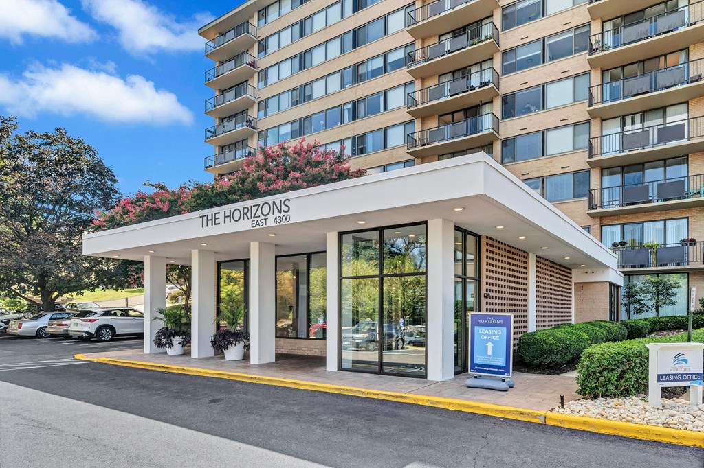 a large building with a sign that says the horizons on the front of it