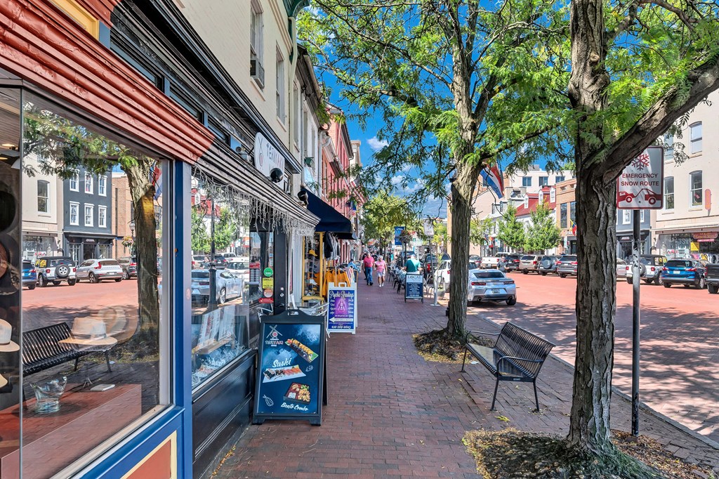 a city street with shops and trees on the sidewalk
