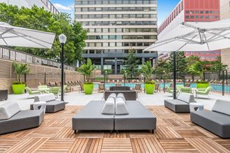 Landscaped Sundeck with Cabanas, Plush Seating, and Lounge Chairs at Crystal Square, Arlington, VA, 22202