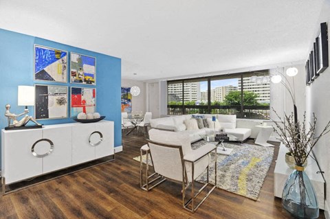 Designer wood-plank style flooring in living spaces at Crystal Square, Arlington, Virginia