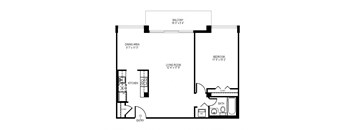 a floor plan of a studio apartment with a bedroom and a living room
