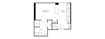A floor plan of a house with a living room, kitchen, bathroom, closet, and pantry.