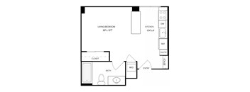A floor plan of a small apartment with a living room, kitchen, bathroom, and closet.