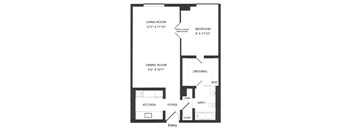 A black and white image of a floor plan for a small apartment.