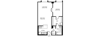 A black and white image of a floor plan for a small apartment.