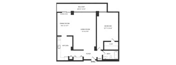 A black and white image of a floor plan for a home with a balcony, dining room, living room, kitchen, foyer, bath, and closet.