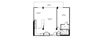 A black and white image of a floor plan for a home with a living room, dining area, kitchen, bathroom, and bedroom.