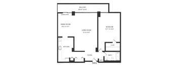 A black and white image of a floor plan for a house with a balcony, dining room, living room, kitchen, foyer, bathroom, and bedroom.