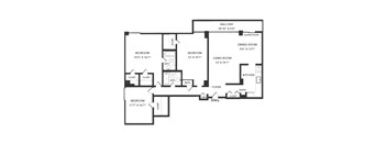 A floor plan of a house with a balcony, two bedrooms, a living room, a dining room, a kitchen, a foyer, a pantry, and a linen closet.