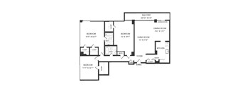 A black and white image of a floor plan for a home with a balcony, three bedrooms, a living room, a dining room, a kitchen, a foyer, a pantry, and two closets.