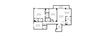 A black and white image of a floor plan for a home with a balcony, three bedrooms, a living room, a dining room, a kitchen, a foyer, a pantry, and a den.
