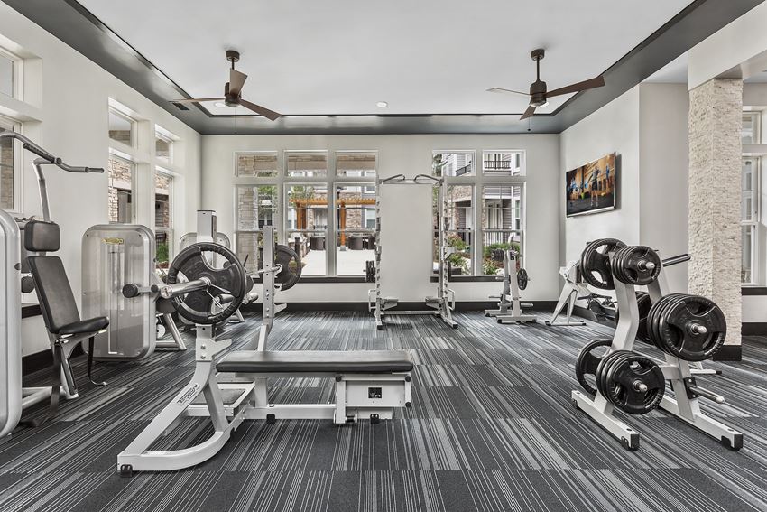 Fully-Equipped Fitness Center with Highly-Specialized Technogym Cardio Machines, Free Weights, Spin Bikes, and Individual Strength Training Machines Great Apartment Rentals in Woodbridge VA