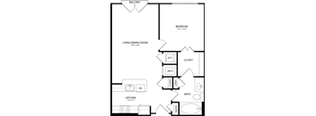 A floor plan of a home with a balcony, living/dining room, kitchen, pantry, bath, and bedroom.