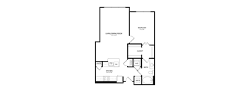 A floor plan of a house with a living/dining room, kitchen, bathroom, and closet.