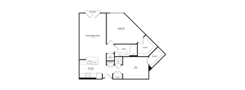 A floor plan of a house with a balcony, living/dining room, kitchen, pantry, two bedrooms, and three closets.