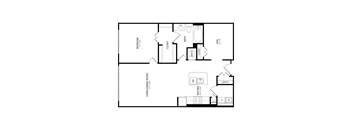 A floor plan of a house with a living room, dining room, kitchen, and bathroom.