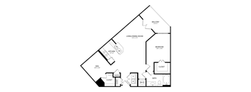 A black and white image of a house floor plan with a balcony, living/dining room, kitchen, pantry, bathroom, and two closets.
