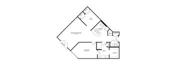 A floor plan of a house with a living room, dining room, kitchen, and two bedrooms.
